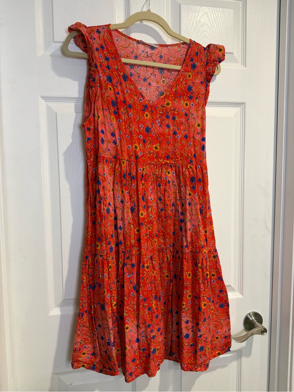 Women's Red Floral Woven V-Neck Summer Dress